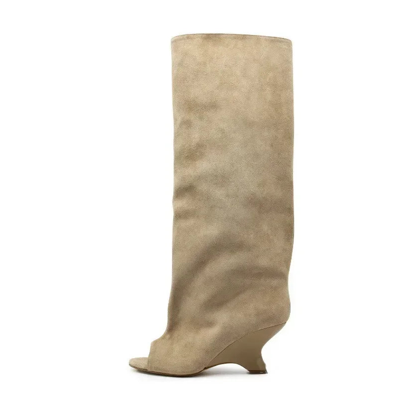 Women's Fish Mouth Thick High Heels Knee Length Cool Boots Slant Heel Fashion Show Large Size Spring/Summer Women's Boots