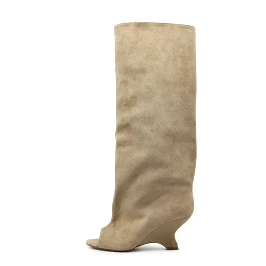 Women's Fish Mouth Thick High Heels Knee Length Cool Boots Slant Heel Fashion Show Large Size Spring/Summer Women's Boots
