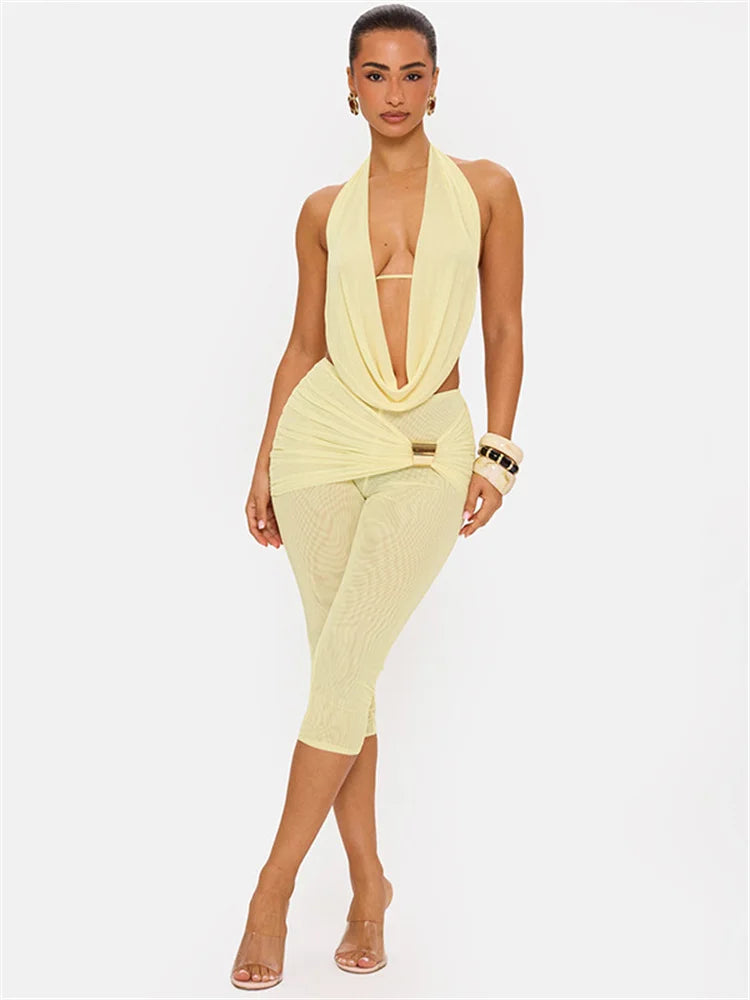 Mesh Patchwork 2 Piece Ste Woman Halter Swing Collar Backless Tank Tops+Metal Trim Elastic Waist Shorts Sexy Fashion Suits