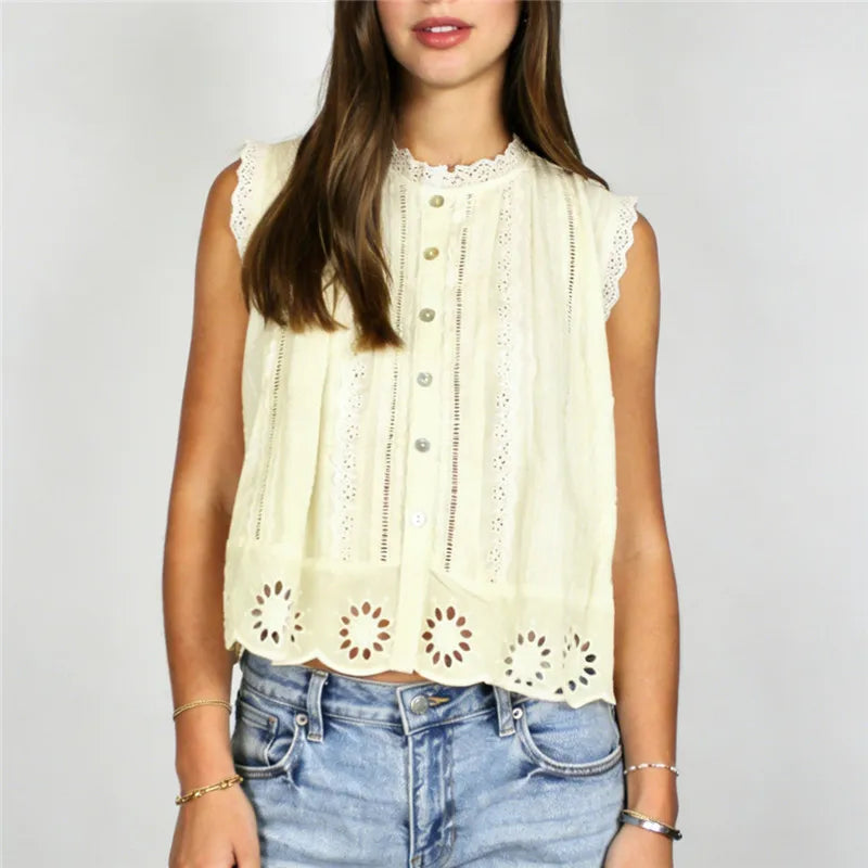 Bohemian Lace Eyelet Sleeveless Blouse Women Button Front Embroidery Cropped Top White Pink Blue Casual Cottage Shirt