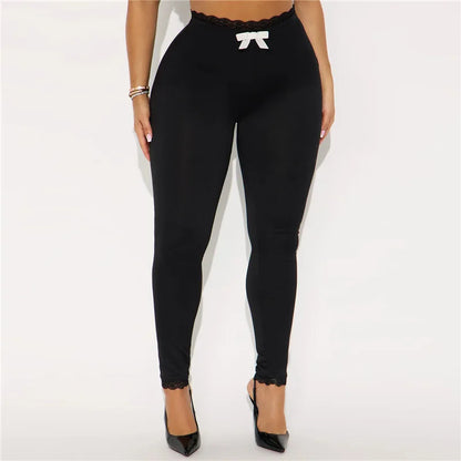 Women Solid Leggings High Waist Lace Trim Waist Ankle Hem With Bow Decor Bodycon Skinny Pants Casual Lounge Leggings