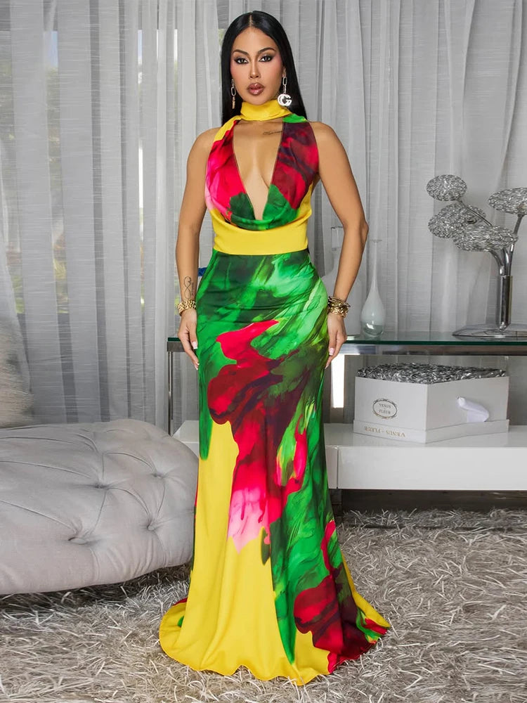 Colorful Print Dress Women Y2K Swing Collar Sleeveless Elegant Backless Trend Banquet Hipster Vacation Party Vestidos