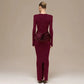 Draped Long Sleeve Slit Maxi Dresses for Woman Party Evening Elegant Dress Brown Burgundy