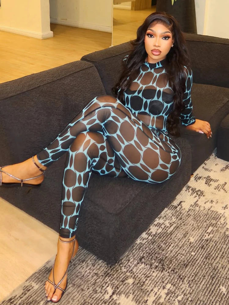 Sexy See Through 2 Piece Set Woman Patchwork Print o-Neck Full Sleeve Bodysuits+Skinny Wrap Hip Long Pants Outfits