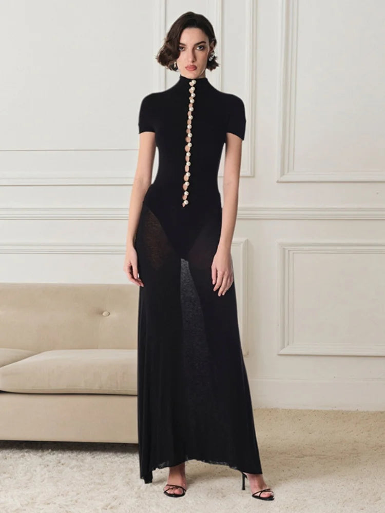 Button Hollow Short Sleeve Maxi Dress White Black Vintage Elegant Dresses for Women Clothes 2026