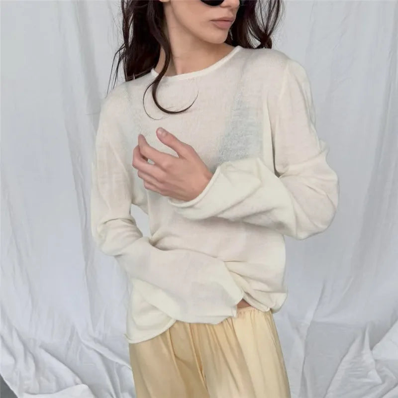 French Minimalist Sheer Knit Blouse Women Crew Neck Long Sleeve See Through Loose Winter Fall Basic Casual Knitwear Top