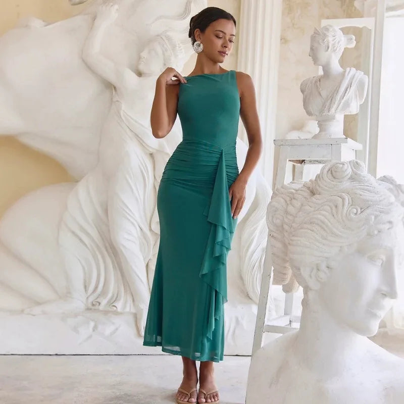 Mesh Sleeveless Maxi Dress with Side Draping Woman Elegant Wedding Guest Party Dresses 2026