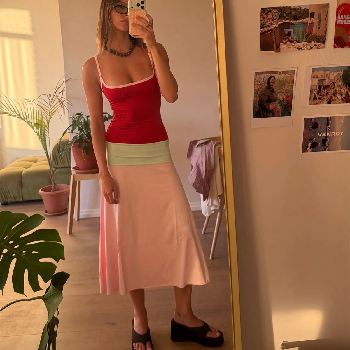 Women Y2K Color Block Satin Maxi Dress U Neck Spaghetti Strap Bodycon Flowy Long Dress Summer Beach Vacation Streetwear