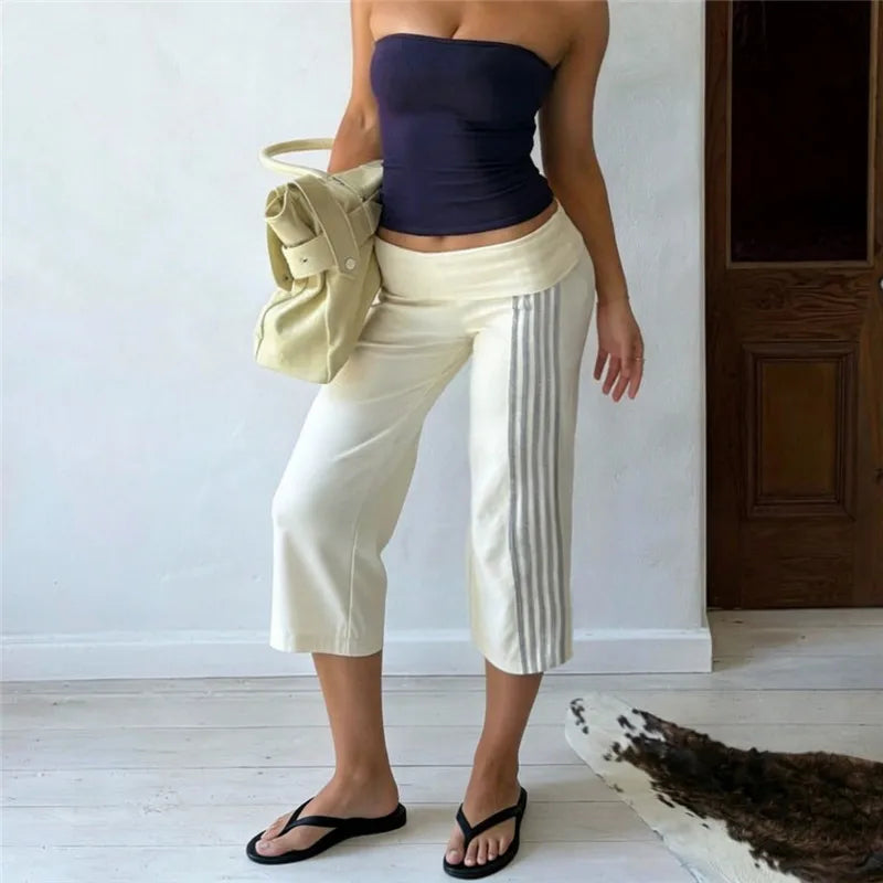 Y2K Vintage Women Low Rise Fold Waist Capri Pants Side Striped Cropped Flare Trousers Casual Going Out Sports Pants