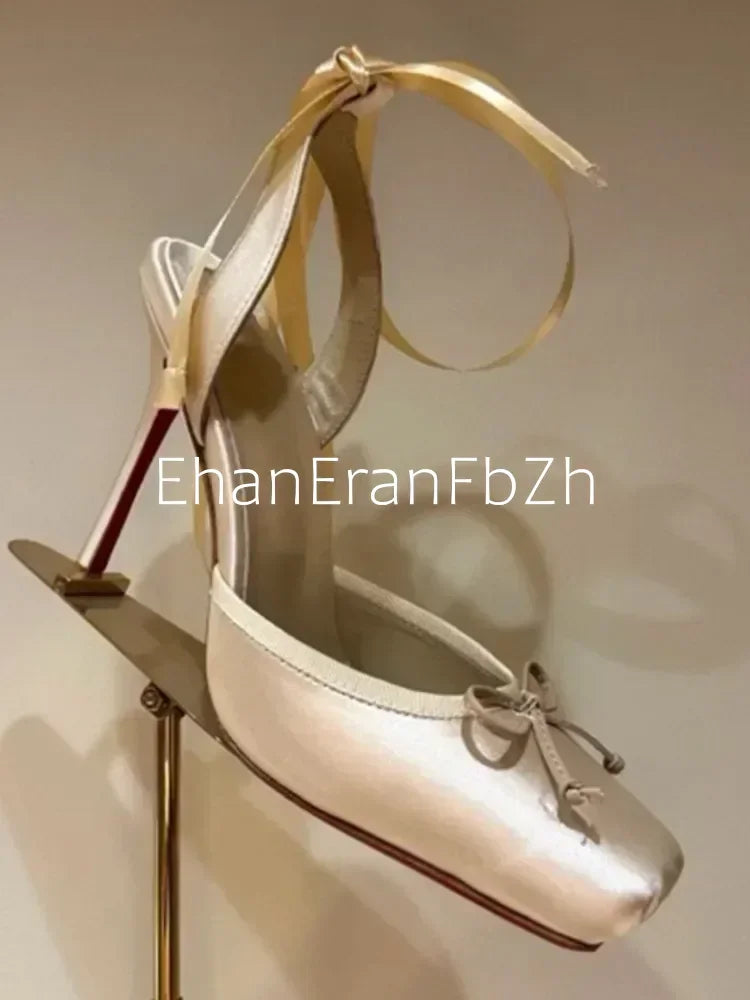 2026 Women's New Summer Square Satin High Heel Sandals with Ankle Strap, Fashionable Party and Banquet Ballet High Heels