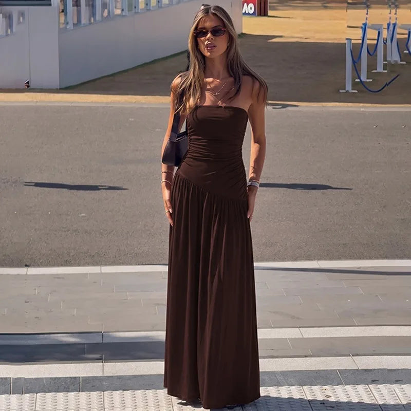 Strapless Ruched Maxi Dress Burgundy Black Outfit Summer Woman Clothing Elegant Dresses Casual