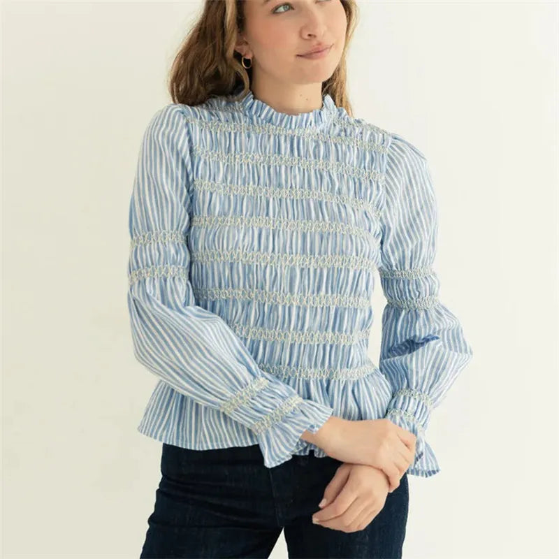 Women Smocked Ruffle Hem Blouses Pleated Patchwork Long Lantern Sleeve Ruched Shirts Y2k Vintage Going Out Babydoll Tops