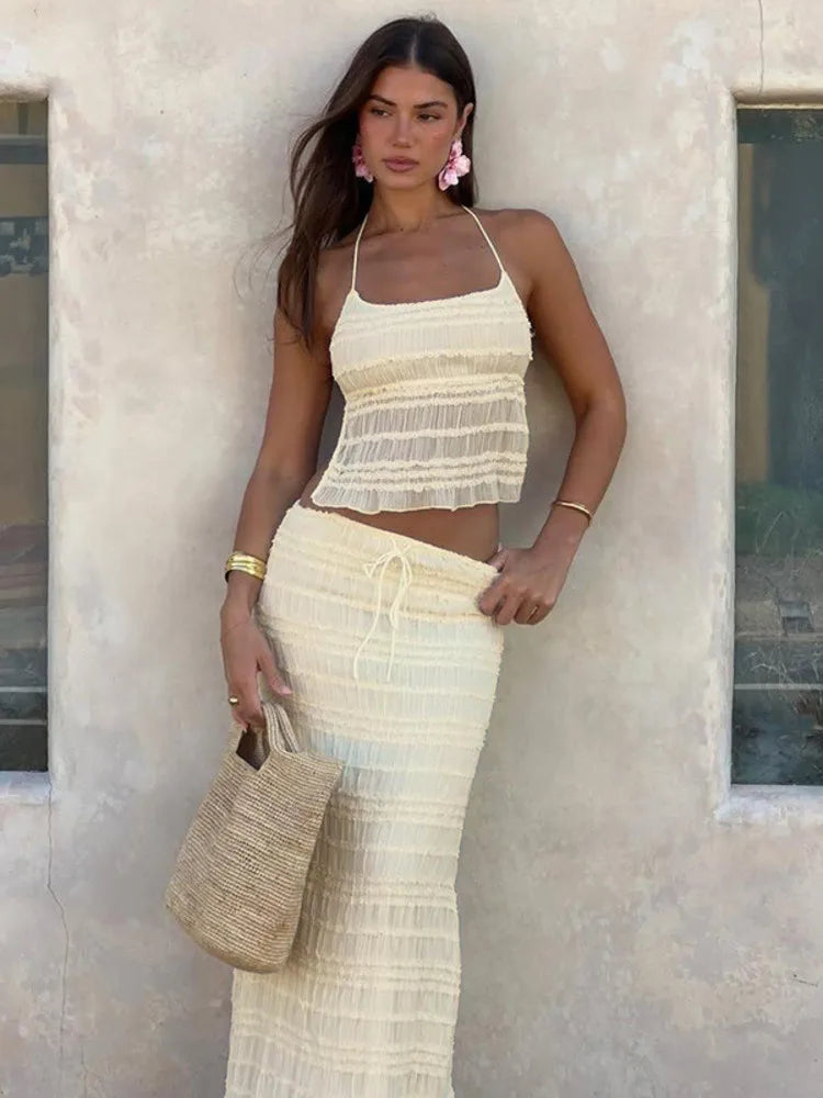 Chiffon Lace Sexy Skirt Two Piece Sets Women Halter Crop Tops And Maxi Skirt Ladies Fashion Woman Long Dress Set