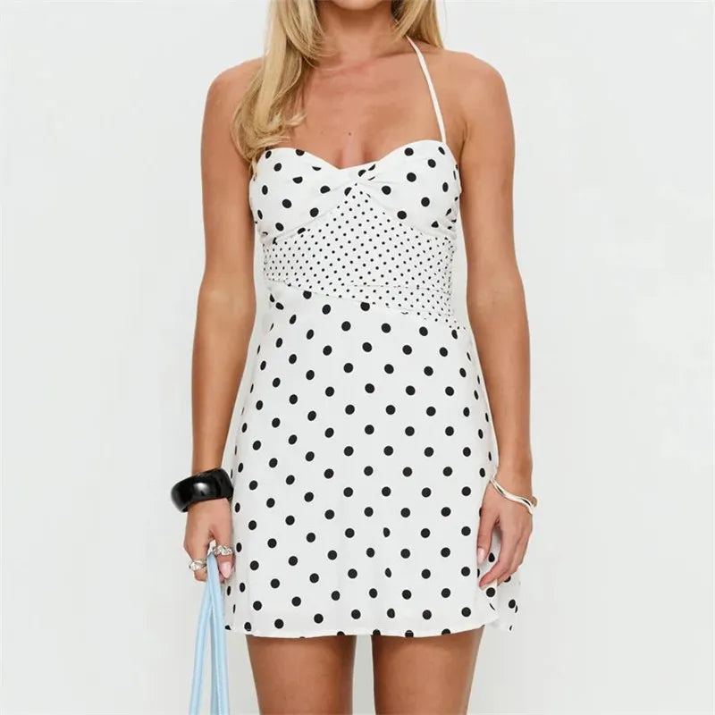 Women White Polka Dot Halter Mini Dress Sweetheart Neck Smocked Waist A Line Dress Sleeveless Tie Back Party Club Outfit