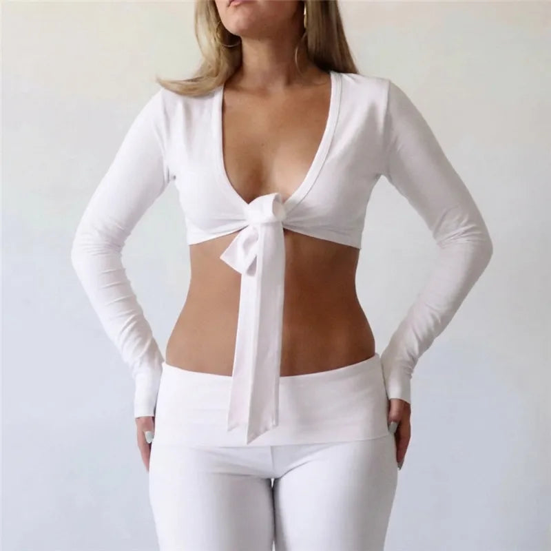 Y2K Women Deep V Neck Front Tie Knot Crop Top Long Sleeve Slim Fit Solid Cropped Blouse Casual Street Going Out Top