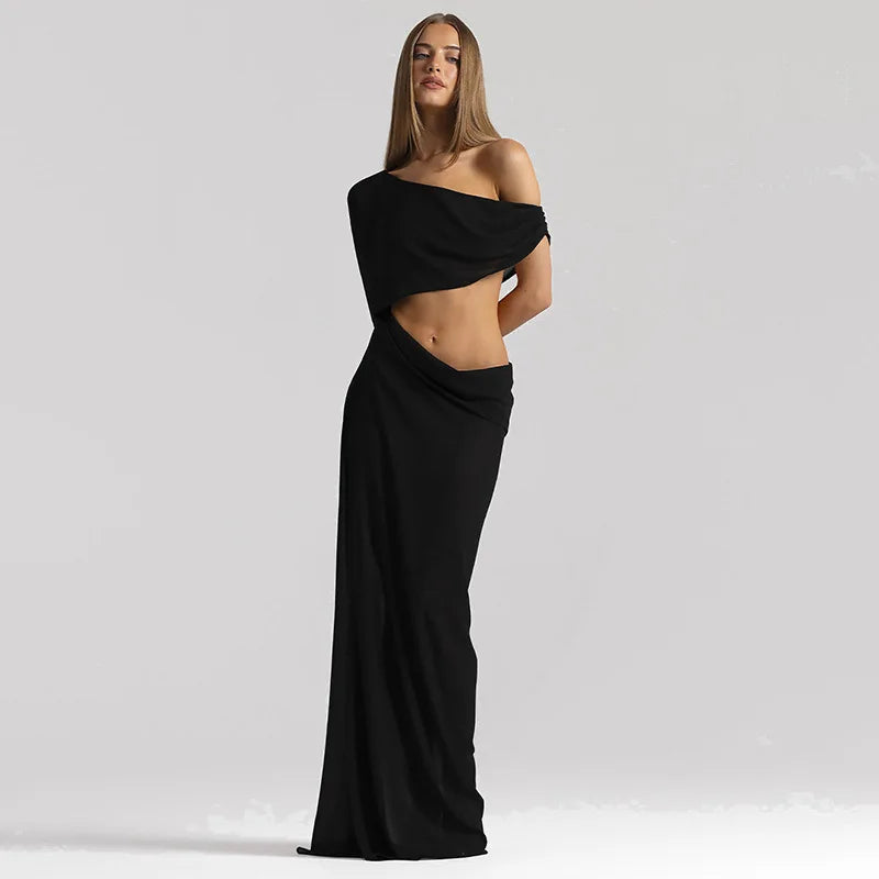 Transparent Chiffon One Shoulder Cut Out Long Sleeve Maxi Dress Woman Elegant Yellow Black Evening Dresses