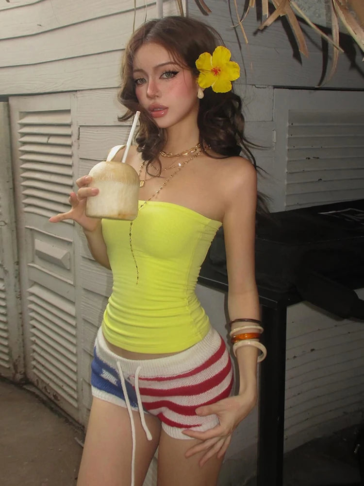 Summer Sweet 2-Piece Set Women Solid Backless Sleeveless Elegant Tops+ Pentagram Stripes Knit Shorts Matching Suits