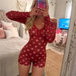 Women Heart Print Playsuit Lace Trim V Neck Button Long Sleeve Short Romper Slim Fit Valentines Nightwear Loungewear