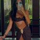 Beach Party 2-Piece Set Women Low-Neck Backless Bra+Metal Decoration High Side Slit Folds Skirt Sexy Summer Suit