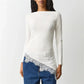 Women Boat Neck Long Sleeve Slim Fitted Top Ruched Side Asymmetrical Lace Hem Y2K Casual Daily Spring Fall Blouse Tops