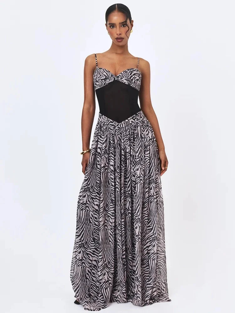 Women Zebra Print Spaghetti Strap Sexy Maxi Dress Mesh Patchwork Sweetheart Neck Sleeveless High Waist Long Party Dress
