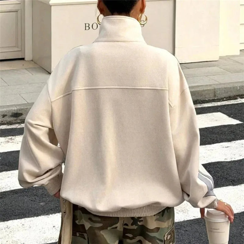 Women Chinese Frog Button Stripe Sleeve Stand Collar Oversized Suede Jacket Loose Zip Up Street Casual Track Outerwear