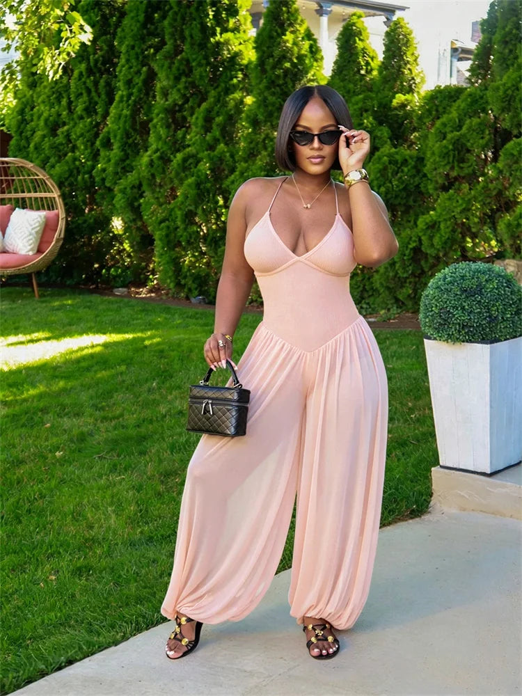 Backless Cross Bandage Jumpsuit Women Sleeveless Low-Neck Folds Patchwork Mesh Lantern Pant Leg Sexy Midnight Outfit