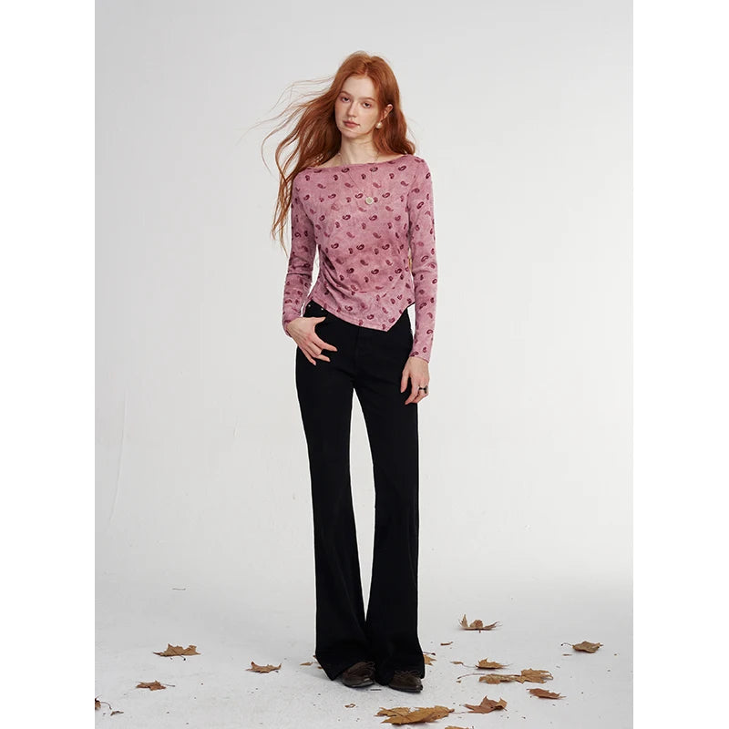 Women's Vintage Long Sleeve Top with Paisley Print, Asymmetrical Casual Tee for Everyday, Chic Cozy Pullover Top