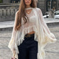 Women's Sheer Chiffon Ruffle Blouse Boho Flowy Kimono Sleeve Tie Neck Cover Up Top for Music Festival Beach Vacation