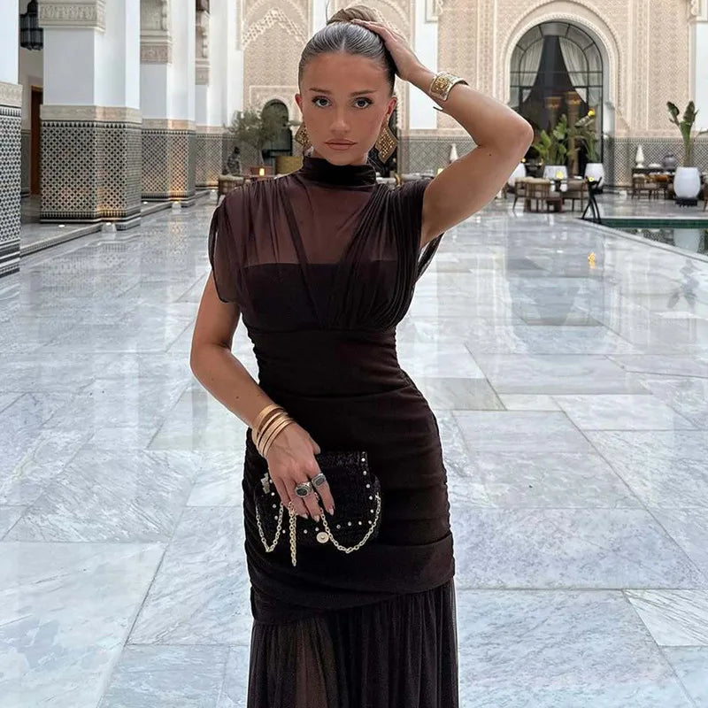 Mesh Sheer Flowy Pleated Maxi Dresses Elegant Wedding Guest Dress Women Clothing Party Outfits