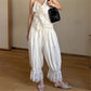 Solid Elastic Mid Rise Ruffle Pantaloons Cropped Flared Slips Pants Pajama Bottoms Women Y2K Lace Trim Hem Long Bloomers