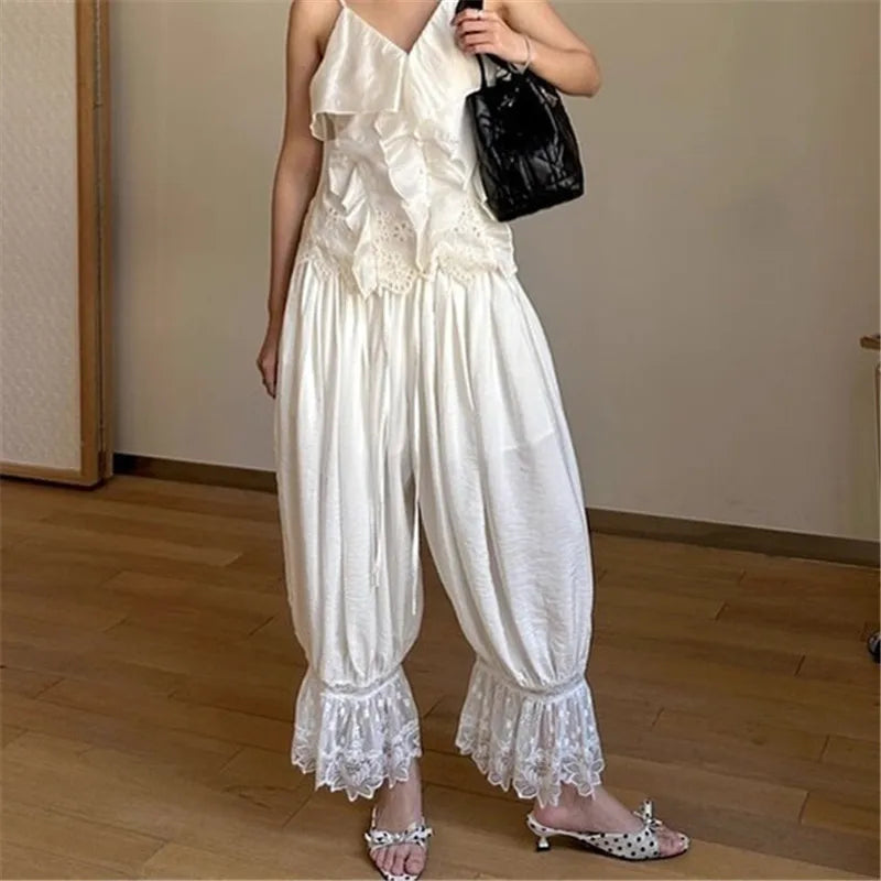 Solid Elastic Mid Rise Ruffle Pantaloons Cropped Flared Slips Pants Pajama Bottoms Women Y2K Lace Trim Hem Long Bloomers