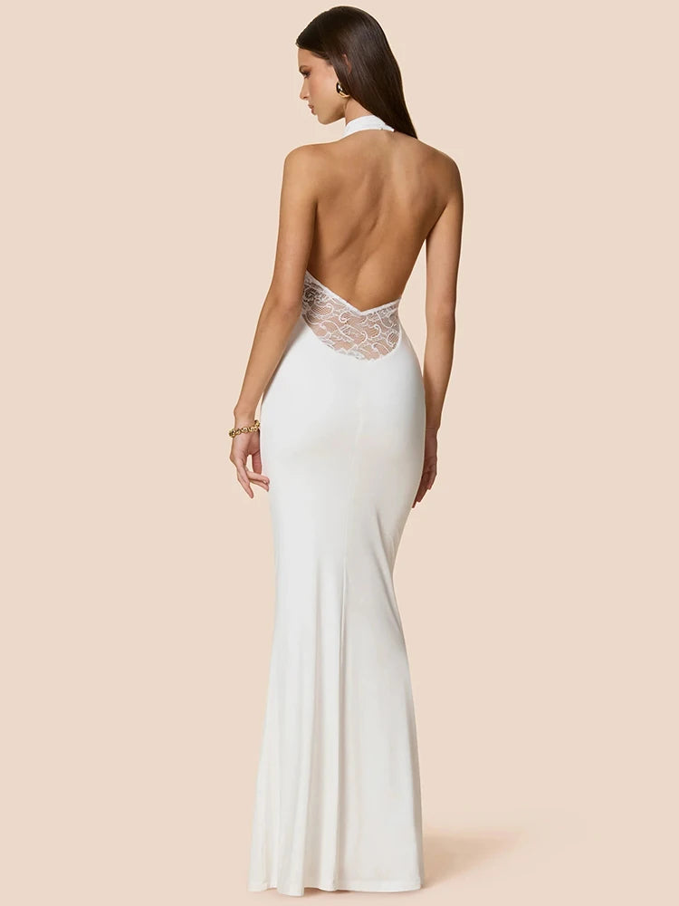 Halter Lace V Neck Sexy Maxi Dress Women Gown Elegant Lace Sheer Off-shoulder Backless Bodycon Club Party Long Dresses