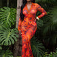 Art Print Maxi Dress Women Polo Collar Full Sleeve Skinny High Elasticity Autumn Fashion Prom Party Chic Vestidos