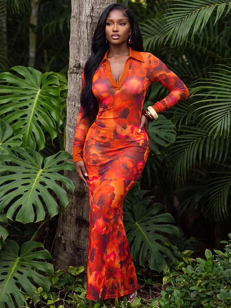 Art Print Maxi Dress Women Polo Collar Full Sleeve Skinny High Elasticity Autumn Fashion Prom Party Chic Vestidos