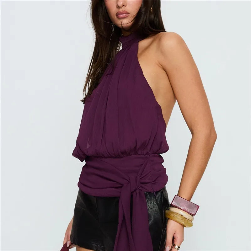 Elegant Plum Purple Halter Top Women Open Back Sleeveless Blouse Tie Waist Flowy Top For Office Commute And Casual Wear