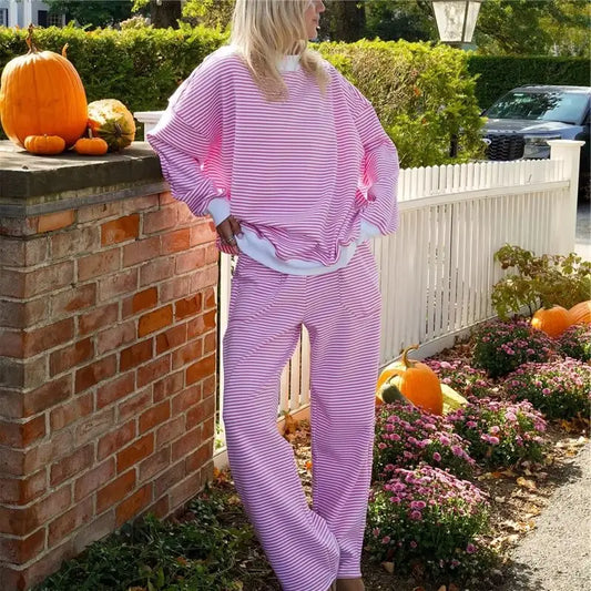 Striped Sweatshirt Sets for Women 2 Piece Pants Outfits Y2k Long Sleeve High Neck Pullover and Pants Spring Tracksuit