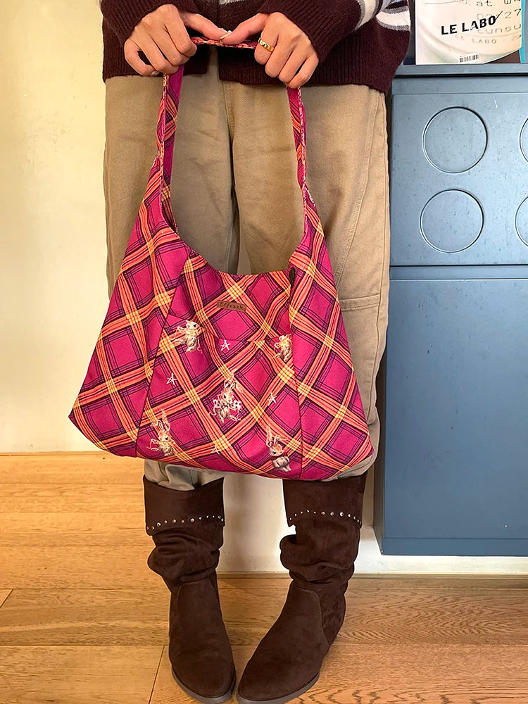 2025 Winter New Arrivals Casual Y2K Cartoon Rabbit Color Block Plaid Tote Bag For Woman
