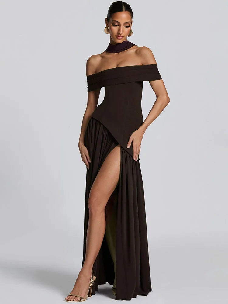 Off-shoulder Backless Sexy Maxi Dress Women Fashion Strapless Sleeveless Pleated Thigh High Split Club Party Long Dress