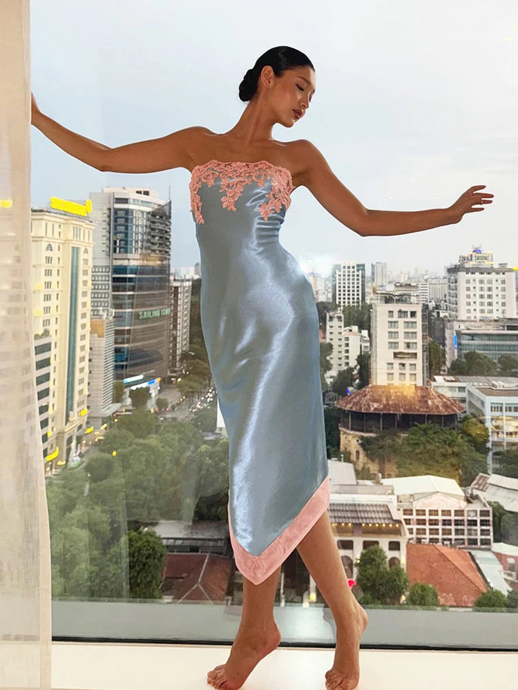 Patchwork Lace Flower Maxi Dress Women Chest Wrap Sleeveless Skinny Summer Fashion Chic Elegant Beach Party Vacation