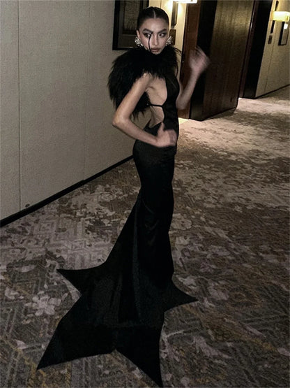 Fashion Furry Patchwork 2 Piece Set Women Sexy Metal Ring Sleeveless Dress+Tassel Shawl Noble Elegant Party Gown Suit