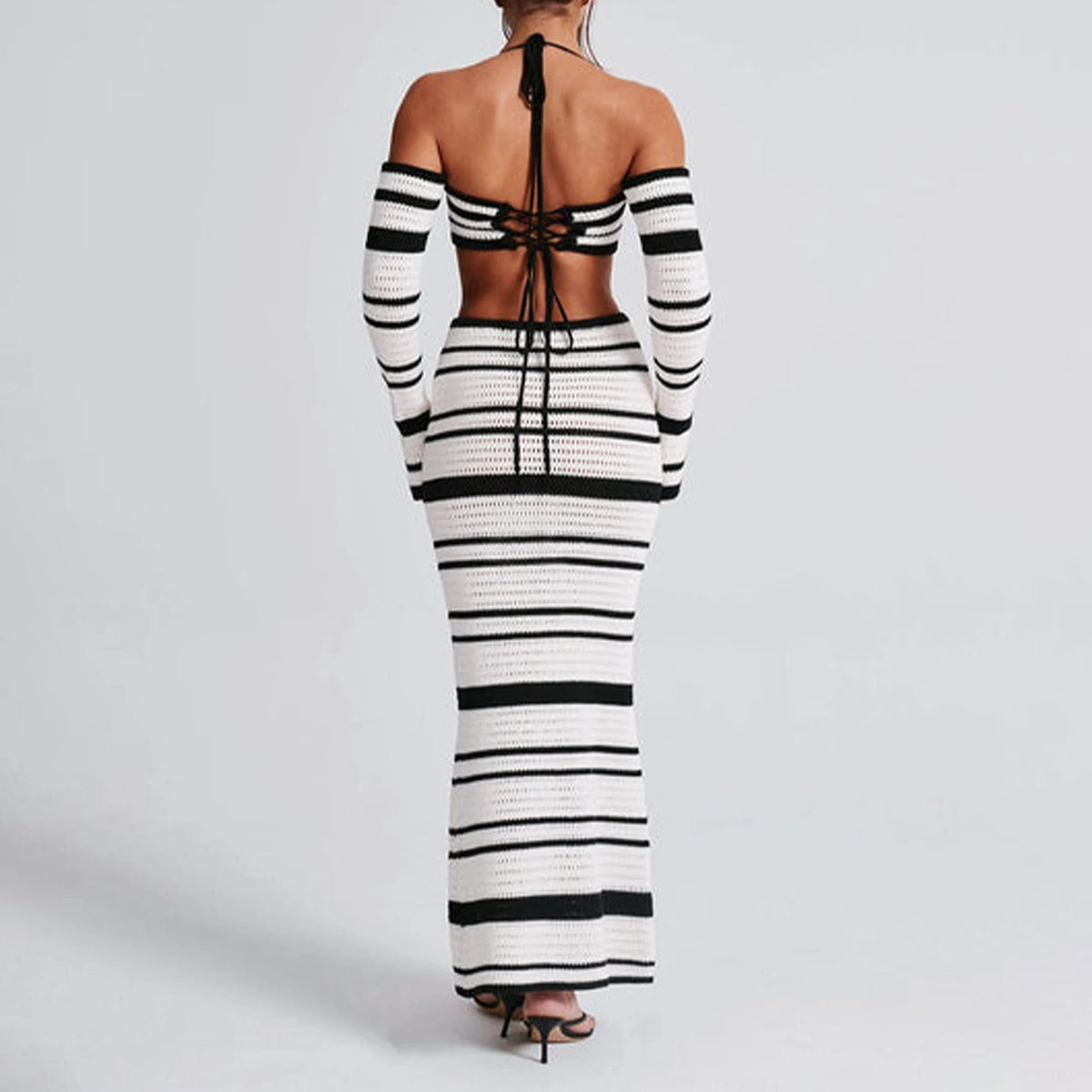 Knit Stripe Women 2 Piece Set Halter Slash Neck Lace Up Long Sleeve Tops and Maxi Skirts Sexy Mujer Club Midnight Suit
