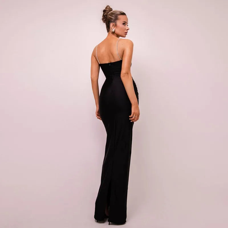 Luxury Evening Dress Women Elegant Party Rhinestone Spaghetti Strap Backless Maxi Dresses for Ladies