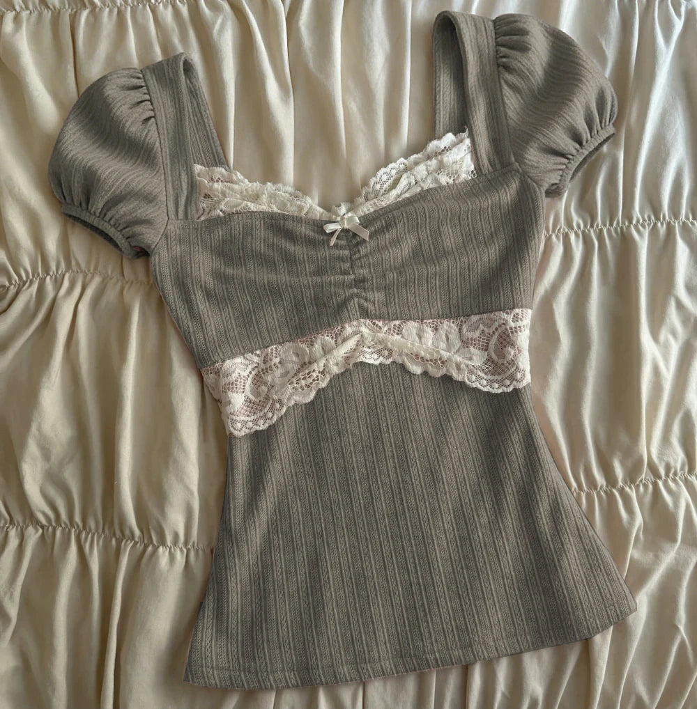 Women Summer Lace Patchwork Coquette Shirt Short Sleeve Y2k Grunge Tops Ribbed Knit Slim Fit 2000s Aesthetic Clothes