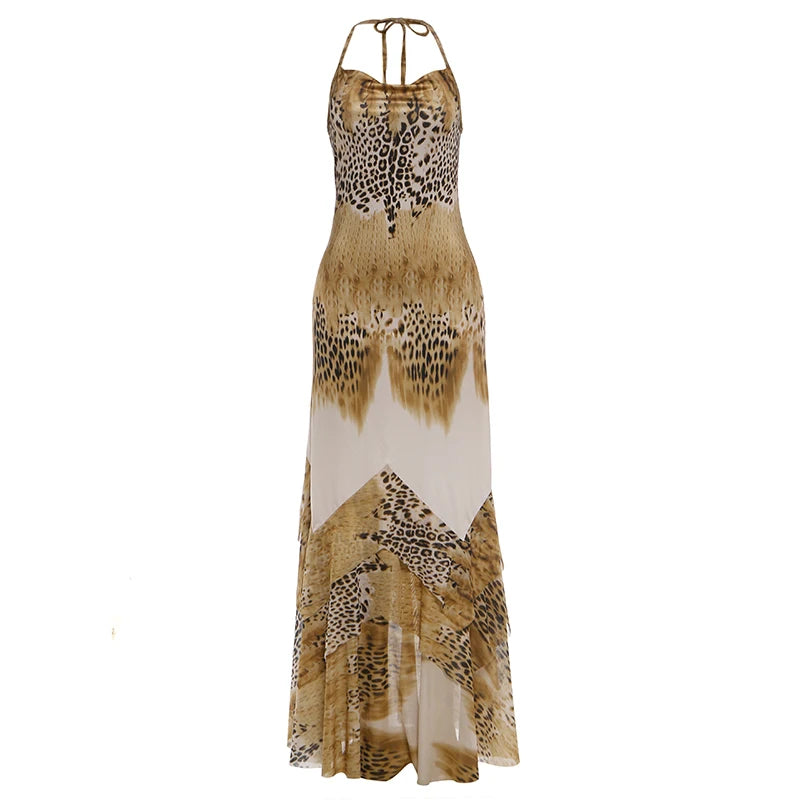 Sexy Fashion Long Dress Woman Leopard Print Lace-Up Halter Backless Sleeveless Shape Waist Ruffles Hem Elegant Vestidos