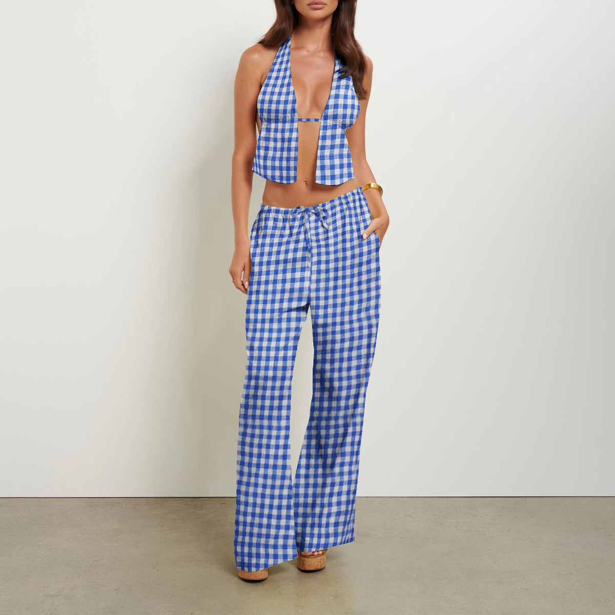 Women Summer Pants Outfits Stripe Tie-Up Halter Neck Backless Sleeveless Tank Tops Wide-Leg Pants 2 Pieces Clothes Set