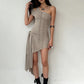 Hollow Tassel Dress Women Slanted Shoulder Folds Bandgae Irregular Hem Sexy Music Festival Sexy Midnight Mini Bodycon