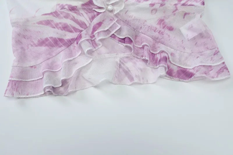 Purple Floral Sexy Two Piece Set Mesh Halter Top Long Skirts Summer Co Ord Set Woman Beach Vacation Outfits