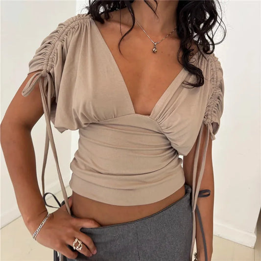 Y2K Deep V Neck Ruched Drawstring Sleeve Top Women Short Sleeve Backless Slim Fit Casual Streetwear Party Blouse