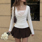 Y2k Shirts for Woman Draped Cowl Neck Long Sleeve Top with Lace Tube Top Two Piece Set White Black Fall 2026